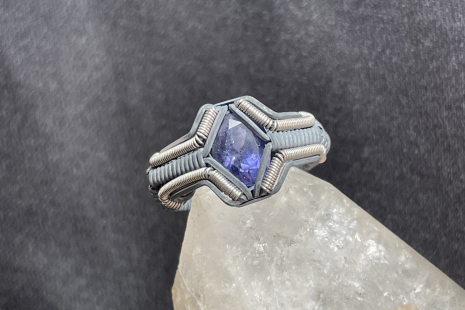 Blue Iolite Facet Silver Sym Ring Size 8.5