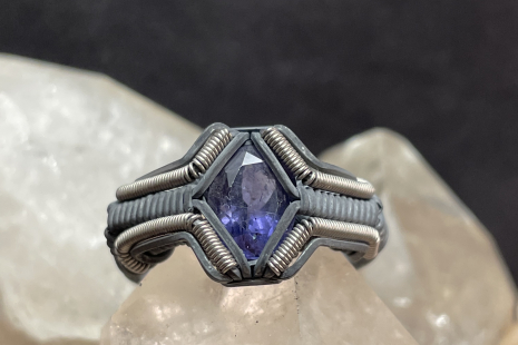 Blue Iolite Facet Silver Sym Ring Size 8.5