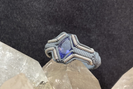 Blue Iolite Facet Silver Sym Ring Size 8.5