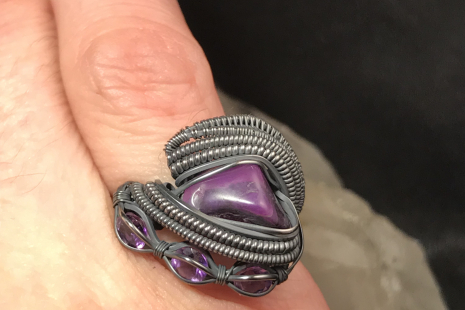 Sugilite “Trinity” Series with Amethyst Accents Silver Ring Size 7