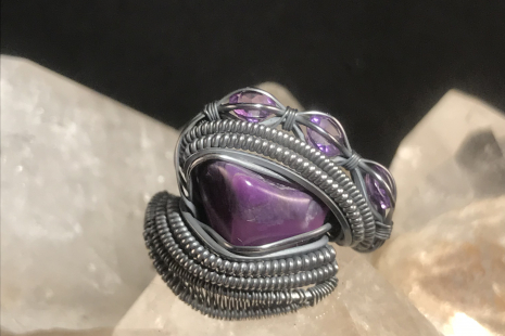 Sugilite “Trinity” Series with Amethyst Accents Silver Ring Size 7