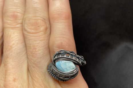 Larimar with Topaz “Trinity Series” Silver Ring Size 7.5-8