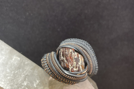 Fossilized Dinosaur Bone Sterling Silver w/Rose Gold Ring Size 8