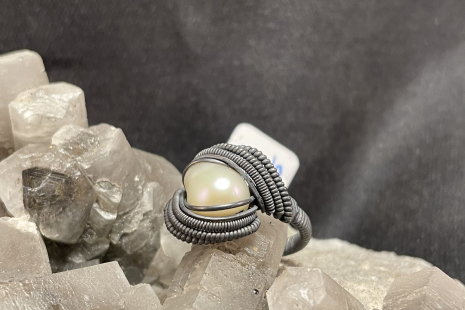 Pearl Oxidized Sterling Silver Ring Size 6.25
