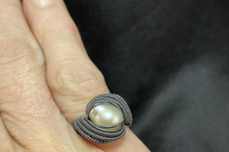 Pearl Oxidized Sterling Silver Ring Size 6.25