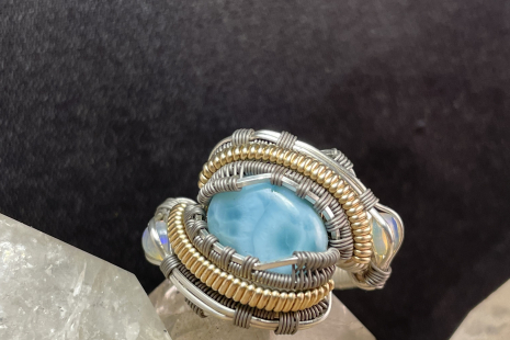 Larimar with Opals Sterling Silver Ring Size 8.25-8.5