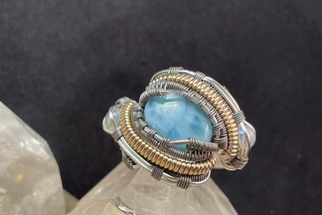 Larimar with Opals Sterling Silver Ring Size 8.25-8.5