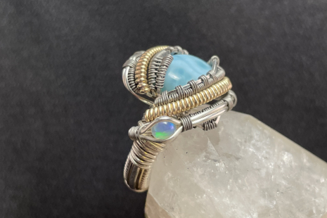 Larimar with Opals Sterling Silver Ring Size 8.25-8.5