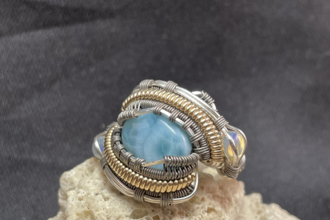 Larimar with Opals Sterling Silver Ring Size 8.25-8.5