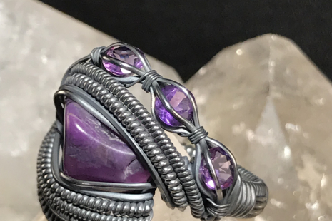 Sugilite “Trinity” Series with Amethyst Accents Silver Ring Size 7