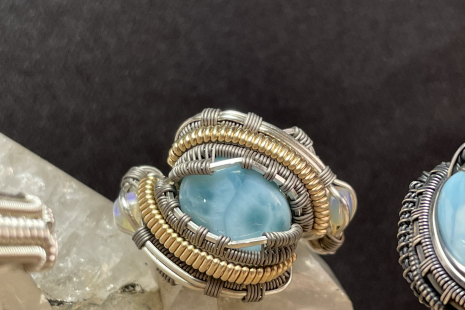 Larimar with Opals Sterling Silver Ring Size 8.25-8.5