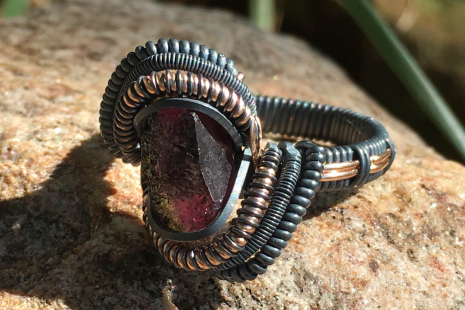 Watermelon Tourmaline Oxidized Silver Ring w/ Rose Gold Accents Size 10
