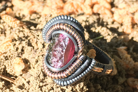 Watermelon Tourmaline Oxidized Silver Ring w/ Rose Gold Accents Size 10