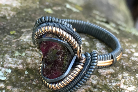 Watermelon Tourmaline Oxidized Silver Ring w/ Rose Gold Accents Size 10