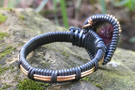 Watermelon Tourmaline Oxidized Silver Ring w/ Rose Gold Accents Size 10