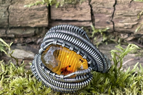 Amber w/ Insect Oxidized Sterling Silver Ring Size 12